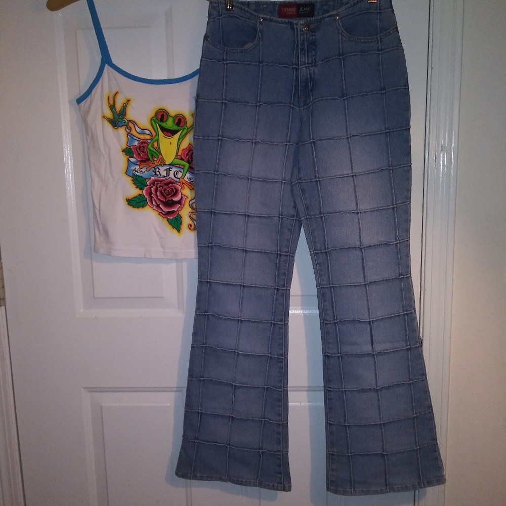 Y2k Grid Panel Low Rise Stretch Jeans Patchwork